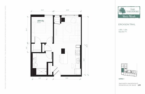 Floor plan for 1 bed, 1 bath, 623 sqft